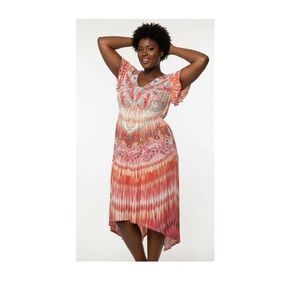 ONE WORLD Vibrant High Low Dress in Pink and Orange
